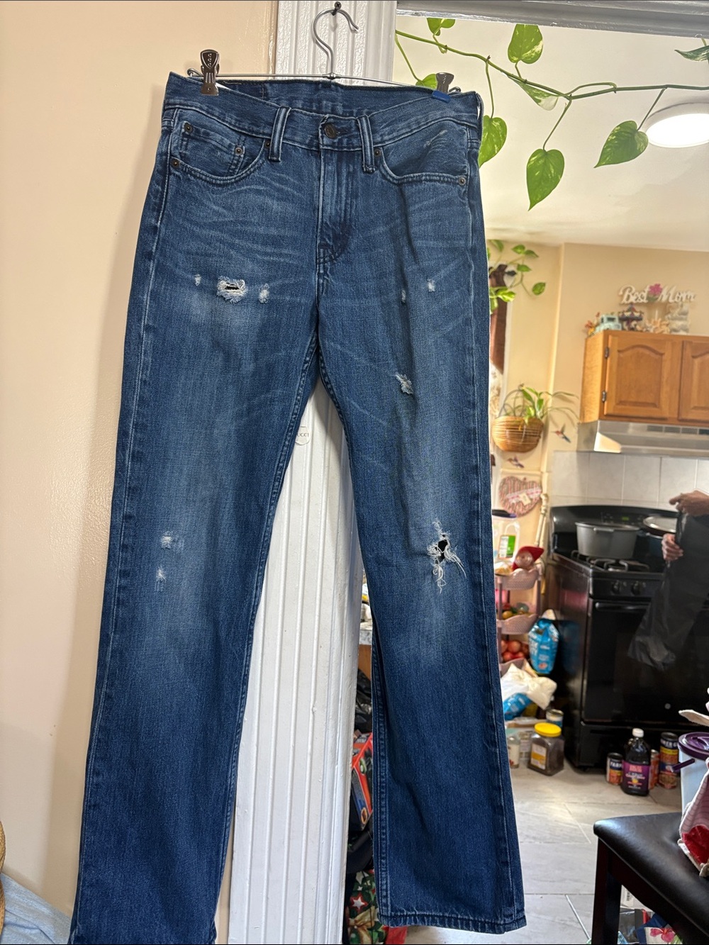 Levi's Medium Blue Straight-Leg Jeans with Distressed Details